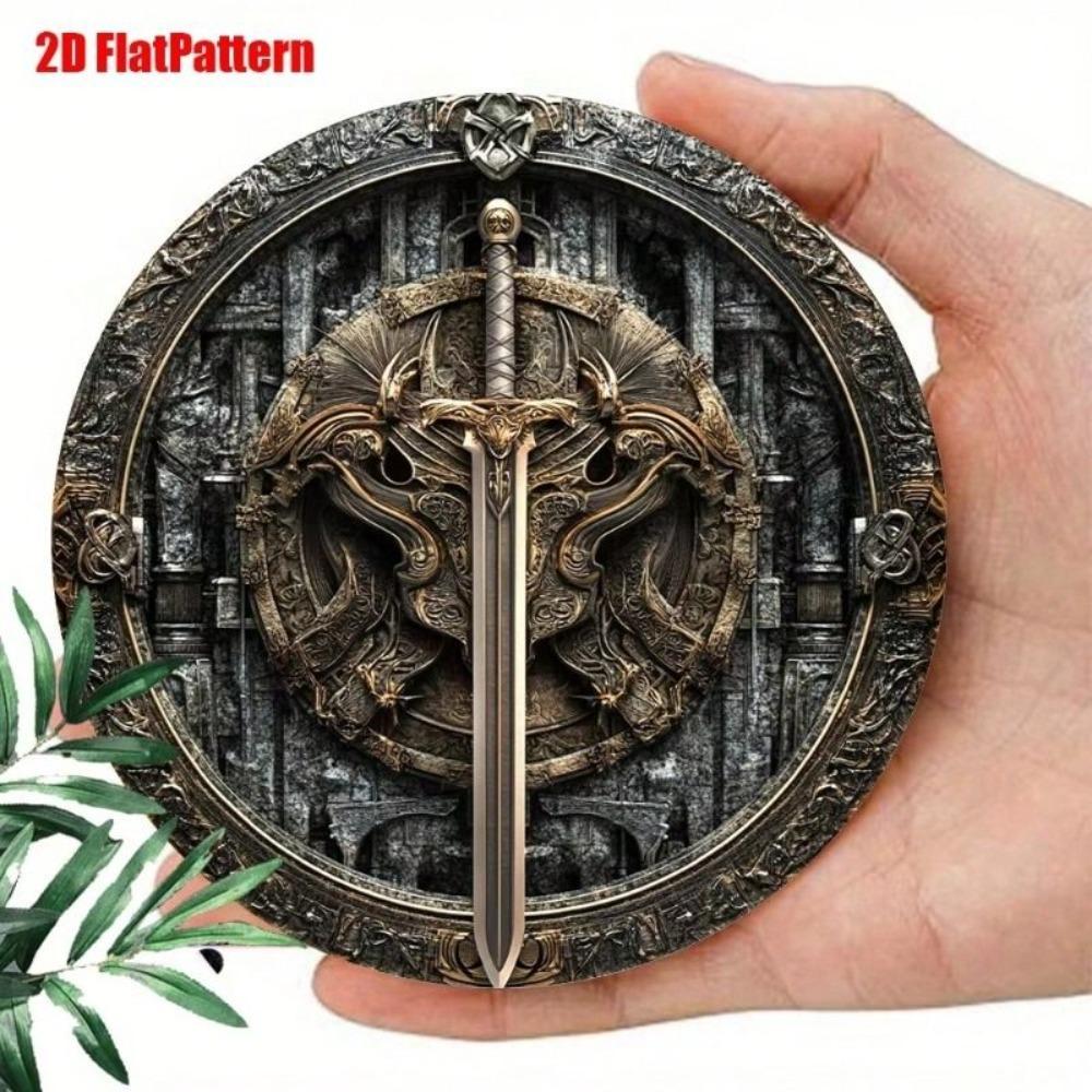 Warrior With Sword Metal Wall Poster Round 8x8 Inch Home Decor