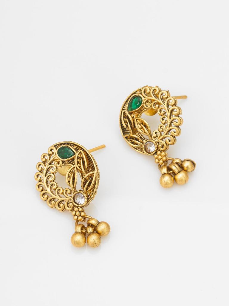 Gold-Plated Green Stone-Studded & Beaded Jewellery Set