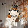 Entryway Wall Plaque Halloween Wooden Ghost Welcome Sign for Front Door, Rustic Cartoon Hanging Door Hanger with Pumpkin Wizard Hat And Broom Holiday