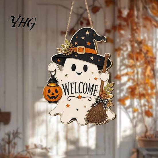 Entryway Wall Plaque Halloween Wooden Ghost Welcome Sign for Front Door, Rustic Cartoon Hanging Door Hanger with Pumpkin Wizard Hat And Broom Holiday