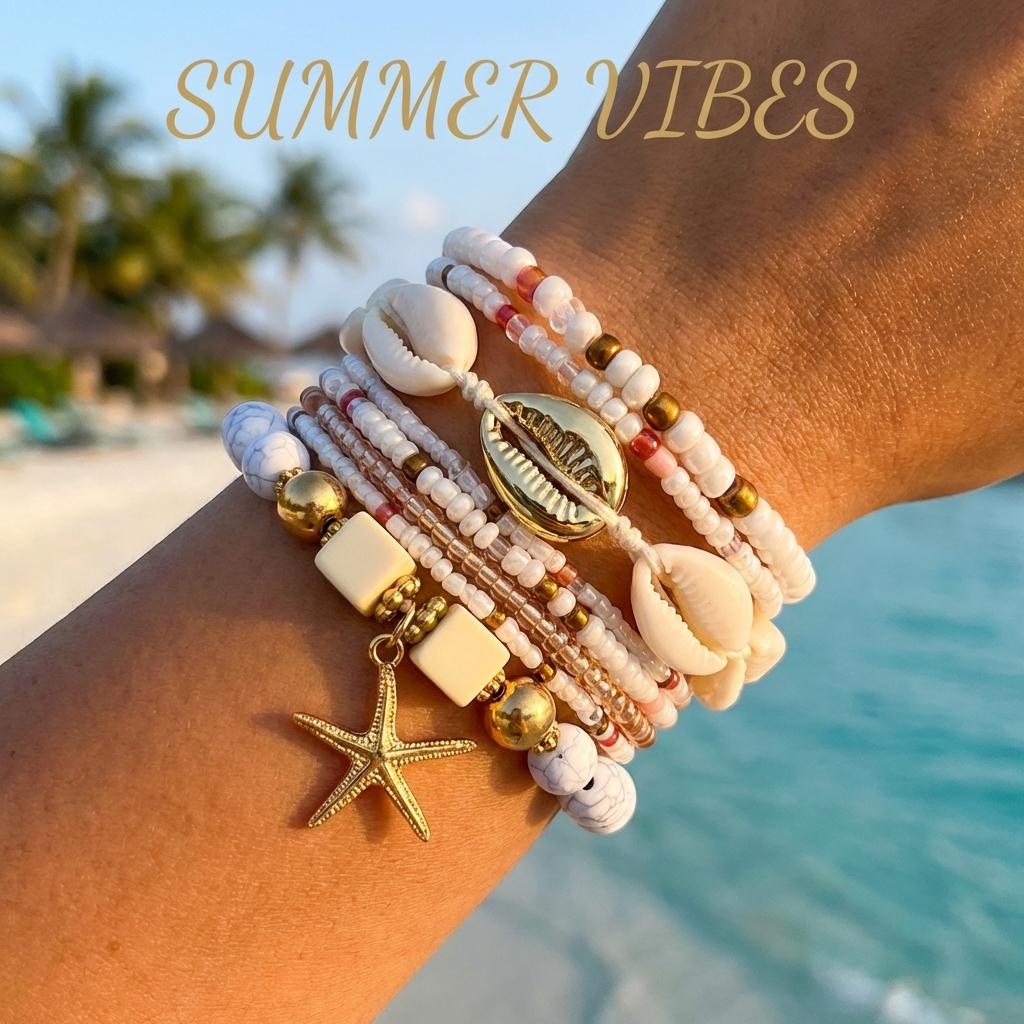 Bohemian Multilayer Shell Starfish Bracelets for Women Summer Beach Elastic Beaded Anklet Bracelet Set Vacation Jewelry Gift