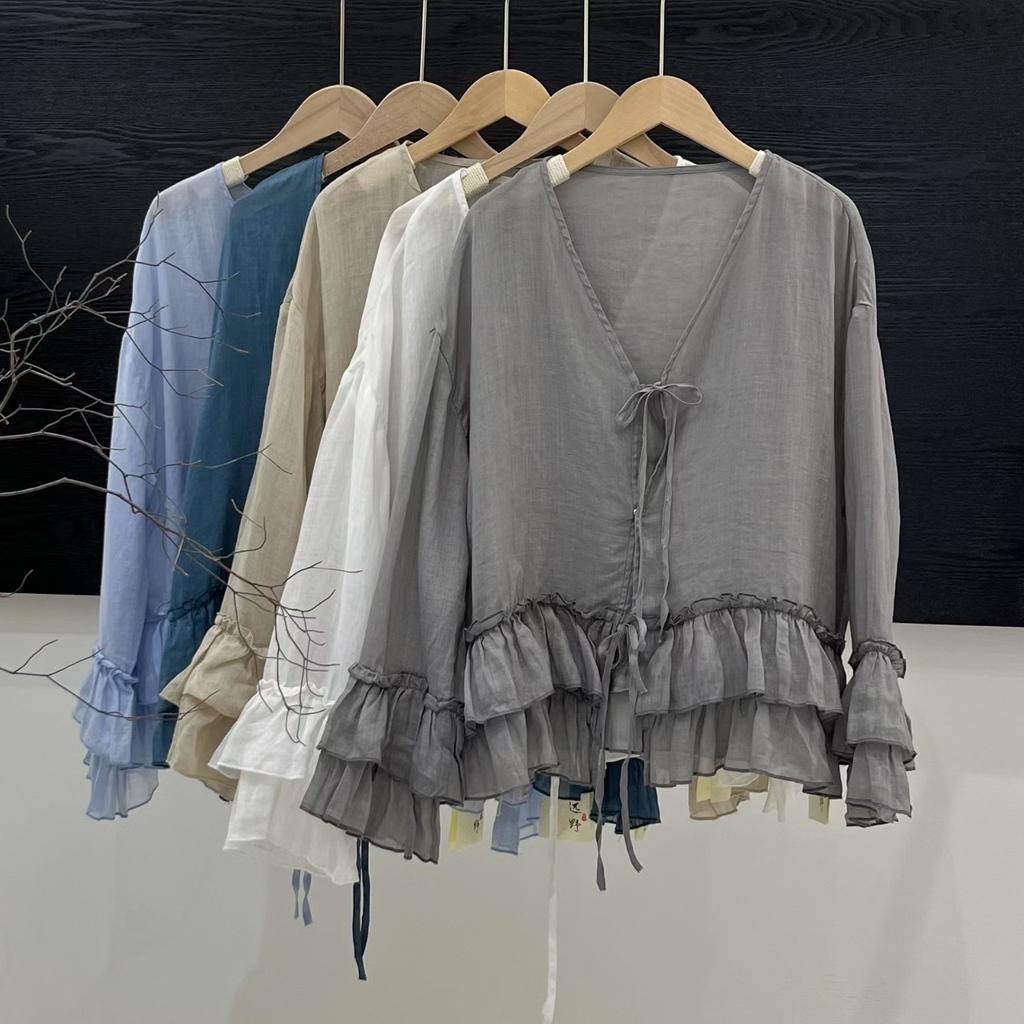 Lotus leaf edge temperament lace-up cardigan 1116 spring new, thin ramie loose versatile age-reducing sunscreen top
