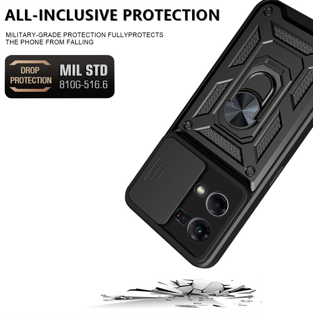 

For Oppo Reno7 4G Anti-scratch Phone Cover Slide Camera Protection PC+TPU Ring Kickstand Cell Phone Case Black
