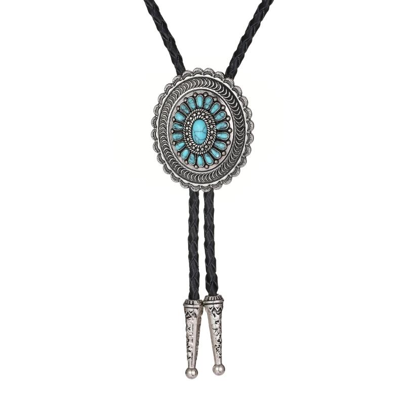 

Western Cowboy Bolo Tie Fretwork Necktie Necklace Turquoise Costume for Sweater American Bolo Tie Western 1