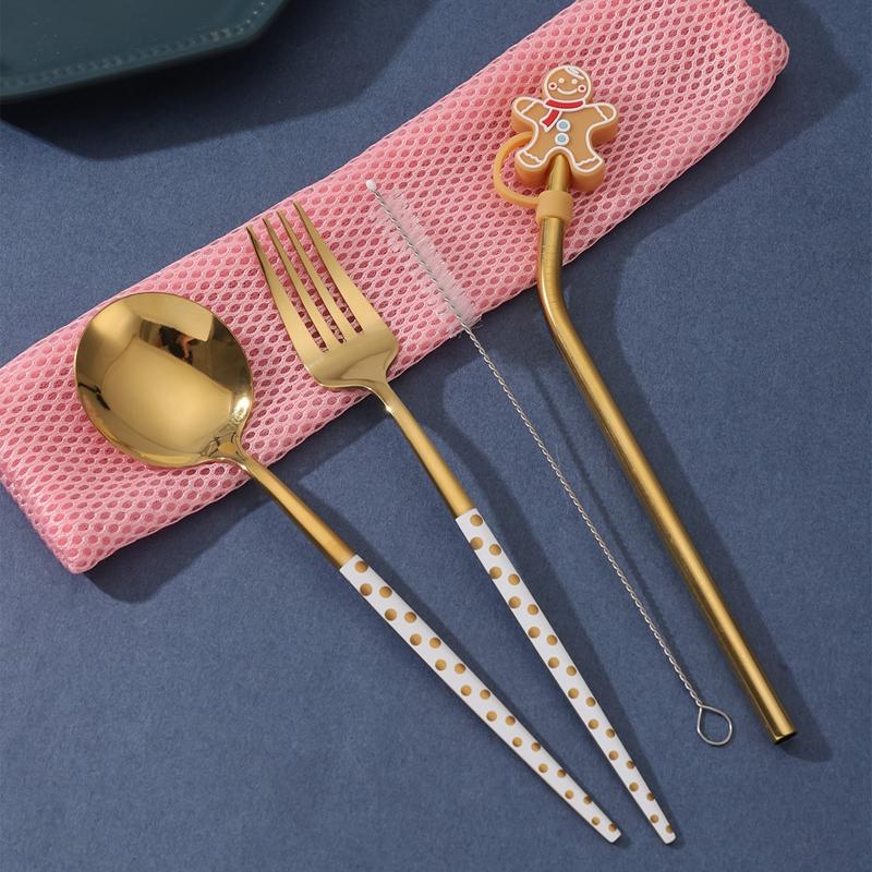 

4 шт./набор столовых приборов из нержавеющей стали, вилка-соломинка, ложка, семейные столовые приборы для путешествий и кемпинга