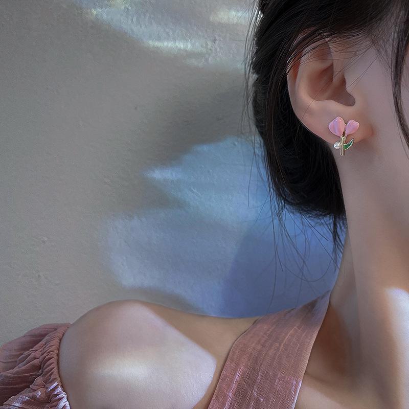 Charming Pink Oil-Drop Tulip Earrings with S925 Silver Posts