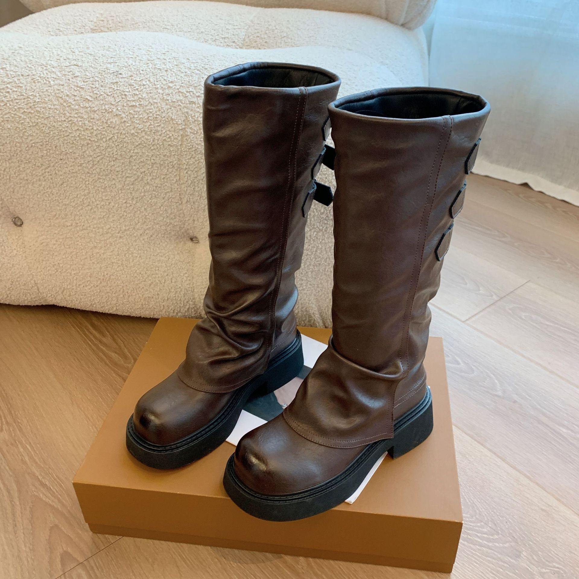 

2025 British style pleated piled boots autumn women s thick-soled sleeve fashion boots thick heel but knee boots tide 35 коричневый