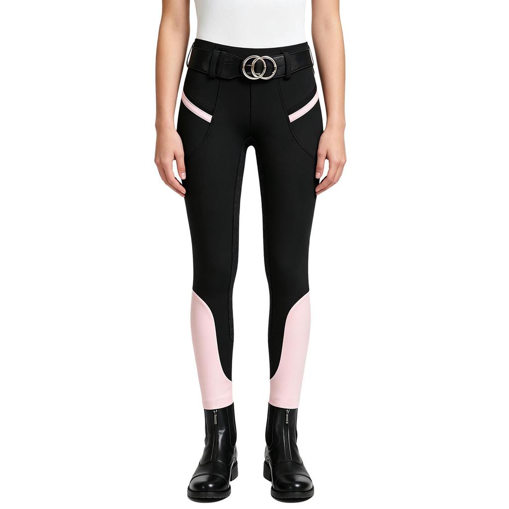 Kids Girls Horse Riding Tights Color Blocked Non Slip Full Seat Breeches with Pockets Belt Loop for Equestrian Sports