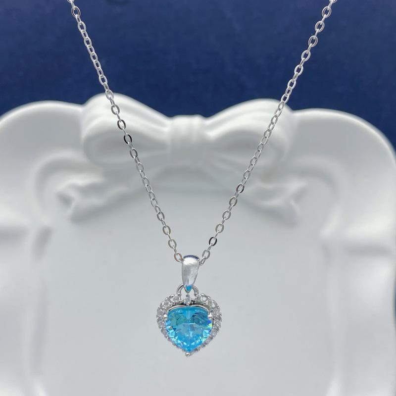 S925 Sterling Silver Ocean Heart Necklace with Aquamarine Zircon - Elegant and Versatile Women s Jewelry 925 Silver