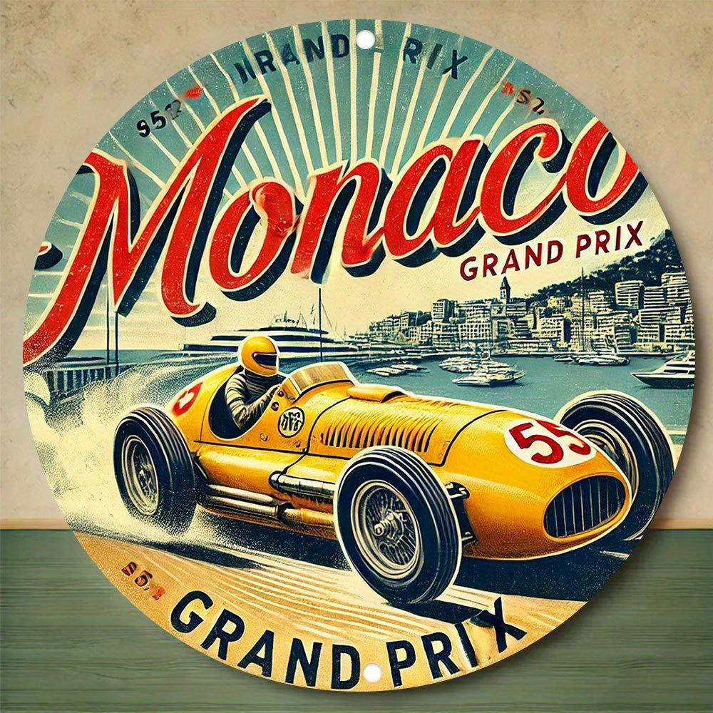 D Flat pc Vintage Monaco Prix Metal Sign Retro Racing Car Wall Art with Design Durable for Home Office