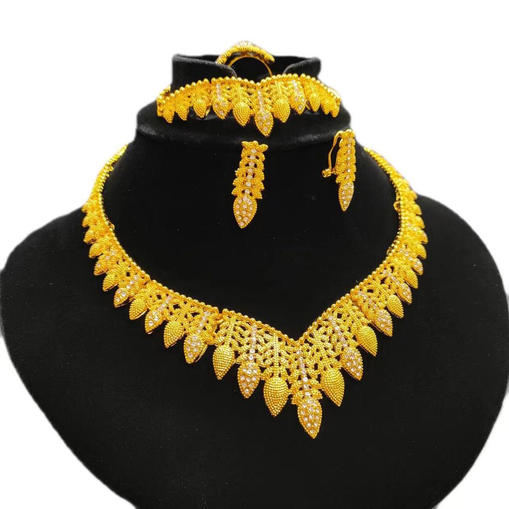 24K Gold-Plated Bridal Jewelry Set: Necklace, Earrings, Ring & Bracelet for Middle Eastern, Indian, and Nigerian Weddings.