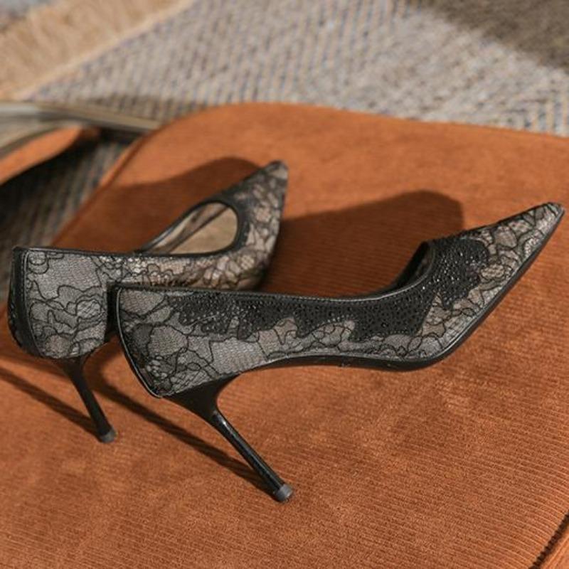 Sexy Black Flower Lace Mesh Pump Women Pointed Fashion Party Shoes 8CM Thin High Heels Women's Office Shoes Shallow Zapatos