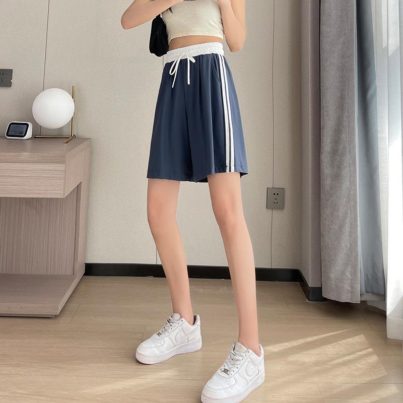 Women's Mid Rise Drawstring Wide Leg Shorts Loose Fit Ice Silk Striped Bermuda Shorts Lightweight Summer Casual Shorts