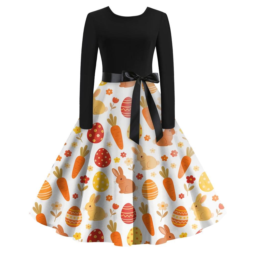 Rochie Retro cu Imprimeu de Crăciun, Casual, de Modă pentru Femei, cu Gât Rotund, Mâneci Lungi