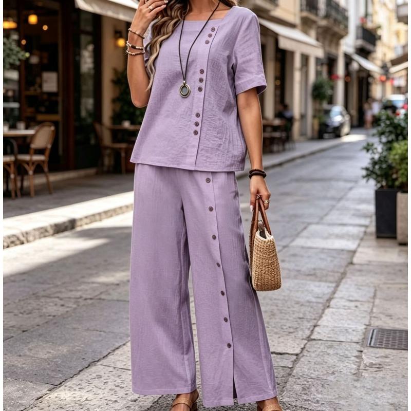 Fashion Casual Loose Two-piece Short-sleeved Top and Loose Wide-leg Pants for Women