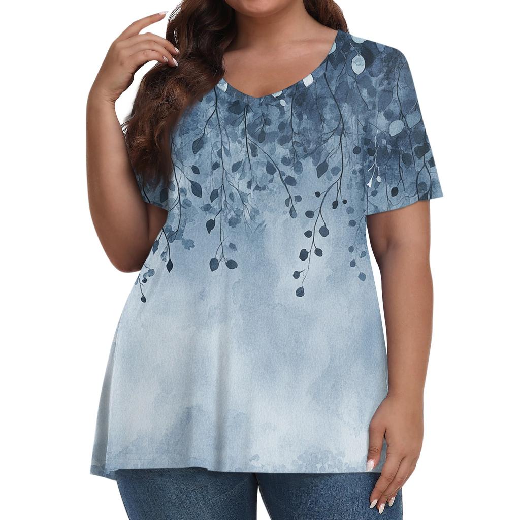 Damenmode Lässig V-Ausschnitt Pullover Kurzarm Übergröße Bedrucktes T-Shirt Top