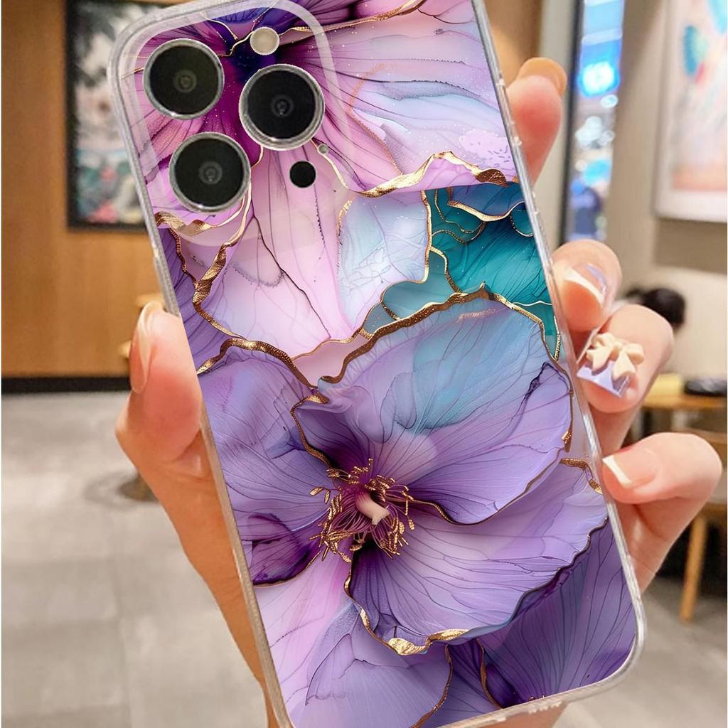 Purple Flower Anti-Fall Transparent Case for iPhone 14-17 Pro Max