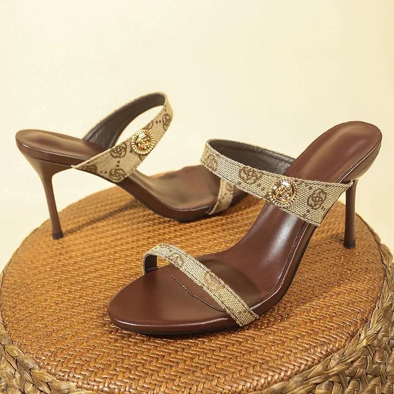 Fashion Flower Embroidery Thin Heel Slippers Women Summer Open Toe High Heels Sandals Woman Fashion Party Plus Size Designer Brand Shoes