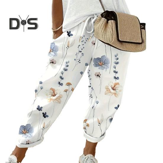

Жіночі прямі штани, довгі штани, еластична талія, кишені на шнурках, камуфляжні спортивні штани з райдужним квітковим принтом, вуличний одяг XL білий