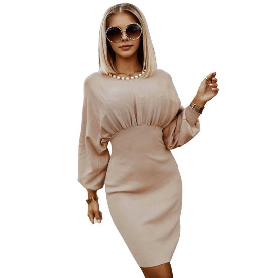 Жіноча сукня осінь-весна приталеного крою, суцільний колір, косий виріз, одне плече, рукави-ліхтарики, еластична сукня міді для шопінгу.
