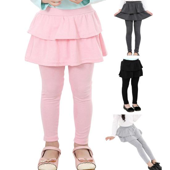 Girl Culottes Mid-rise Ruffle Hem Solid Color Girl Skort Solid Color Elastic Slim Fit Bottoms Daily Wear