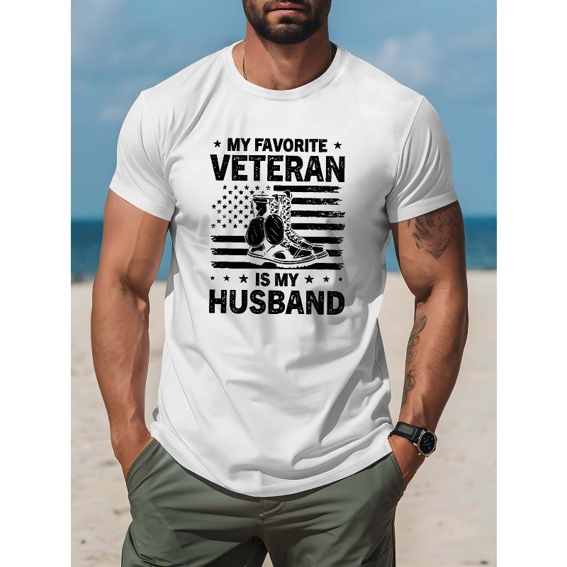 European sizes Patriotic Military-Themed Men'S White T-Shirt with "My Favorite Veteran is My Husband" Print, Casual Crew Neck, Breathable