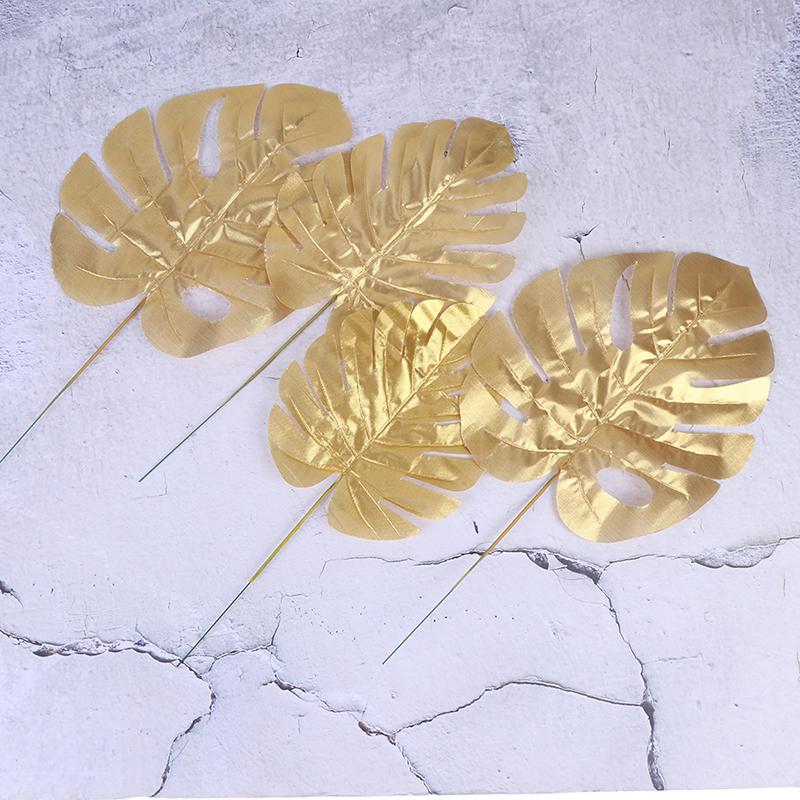 12 stk gull Kunstige falske palmeblader grønne planter Hjem bryllup DIY dekorasjon