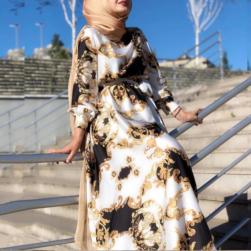 Floral Printting Ramadan Muslim Dress Abayas Lace Up O-Neck Dubai Turkey Islam Clothing Kaftan Robe for Womens Girls