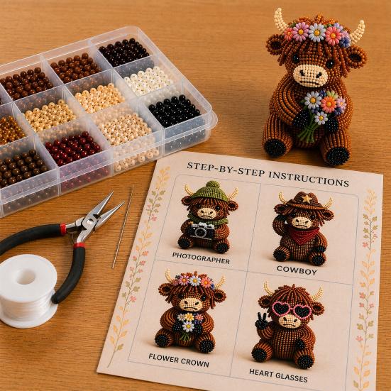 3D Perlen Highland Rind Bausatz für Erwachsene, Kleine 3D Perltiere, DIY Perlen-Set, Highland Rind Perlenstickerei Kits, 4 Niedliche Designs Rind Thema Perlenarbeiten