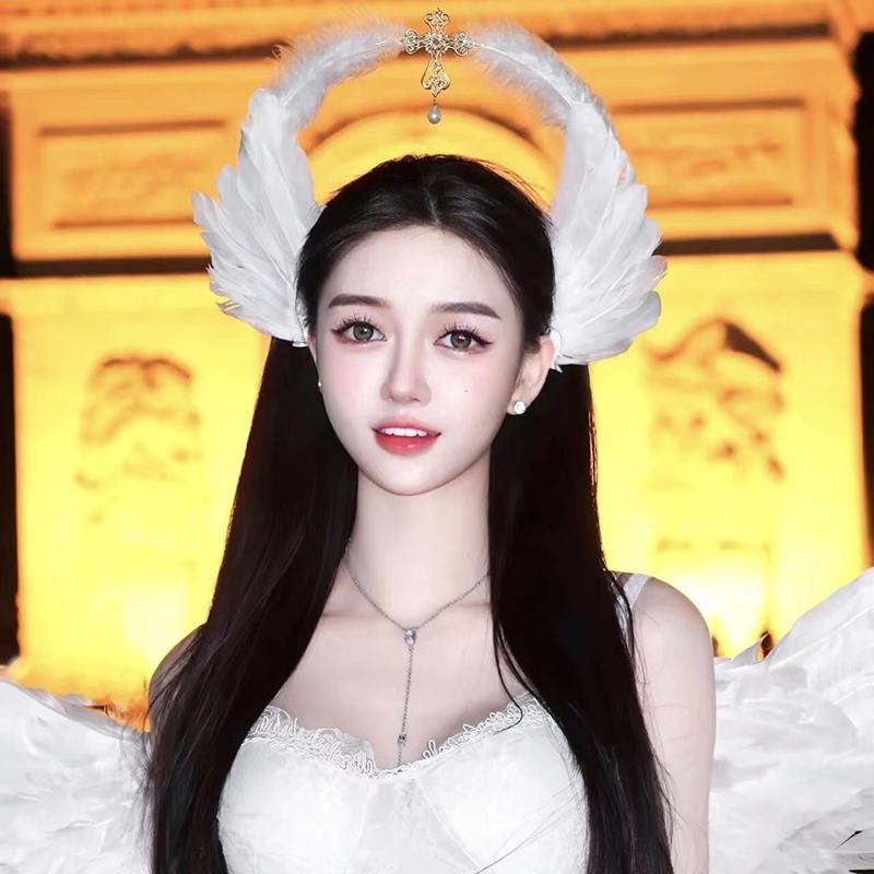 1 Set White Wings Feather Lolita Goddess Halloween Christmas Costume Accessory For Women And Girls Party Dress Up Angel Headband