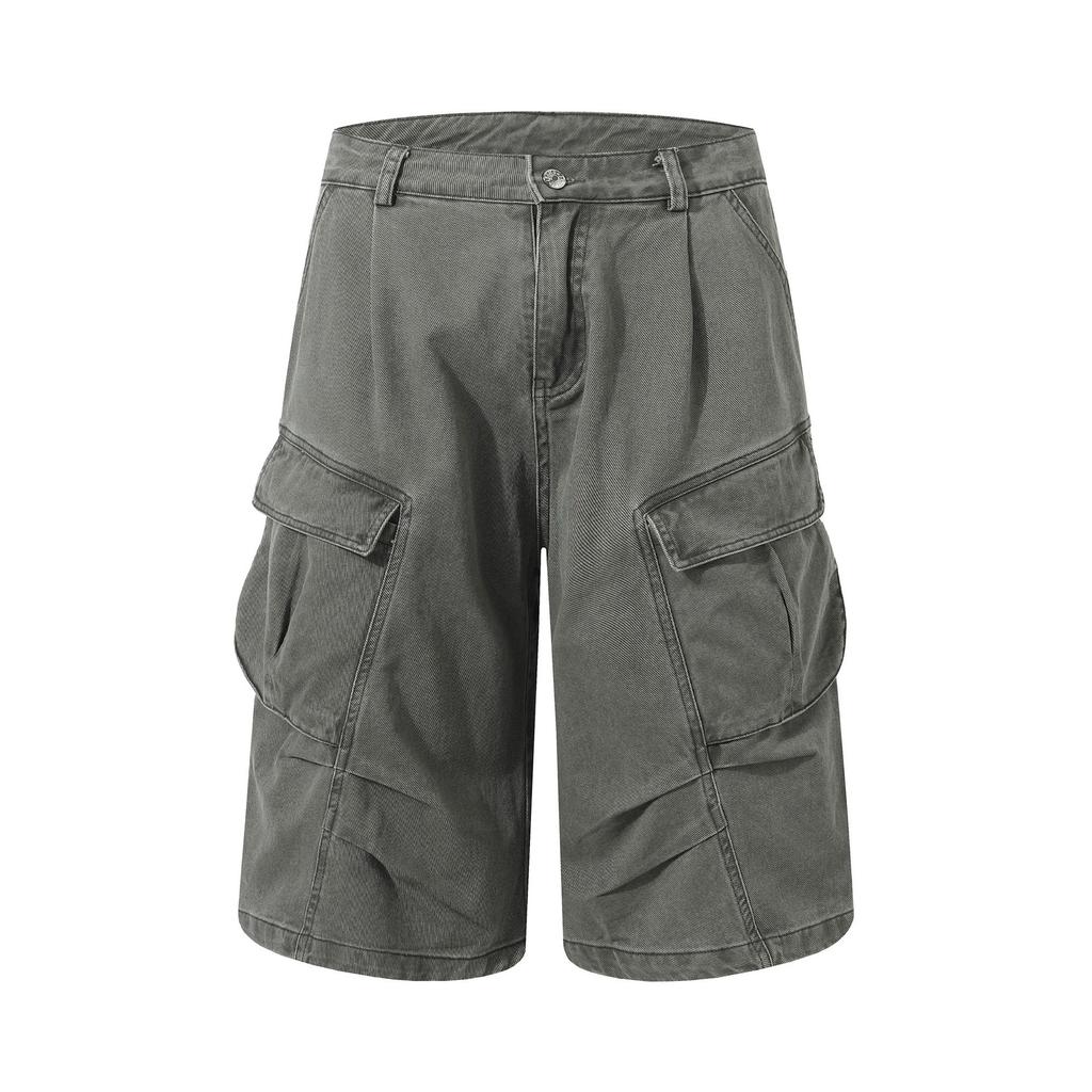 XBRO American Retro Pleated Summer Scimitar Loose Shorts Cargo Pants Cropped Pants Multi-pocket Men's and Women's Wide-leg Pants