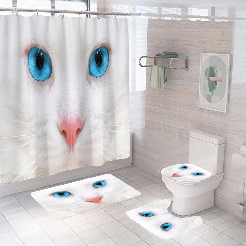 Cartoon Cat Shower Curtain Set Animal Black Waterproof Bath Toilet Lid Seat Cover Bath Non-Slip Mat Rug Bathroom Decot Cover