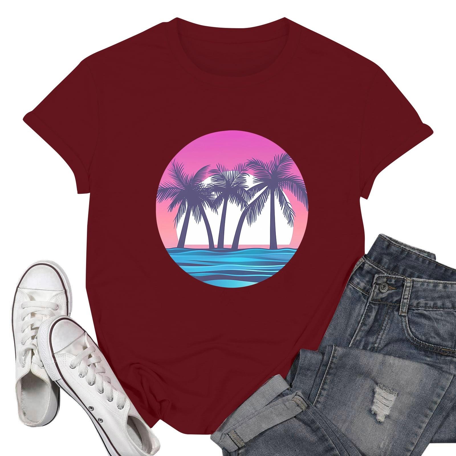 

Женские модные повседневные пуловеры с короткими рукавами и круглым вырезом с принтом XL винный