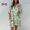 Women's Plus Size Boho Dress Floral Print Short Sleeved Button Up V Neck Dress Knee Length Summer Casual Shirt Dress