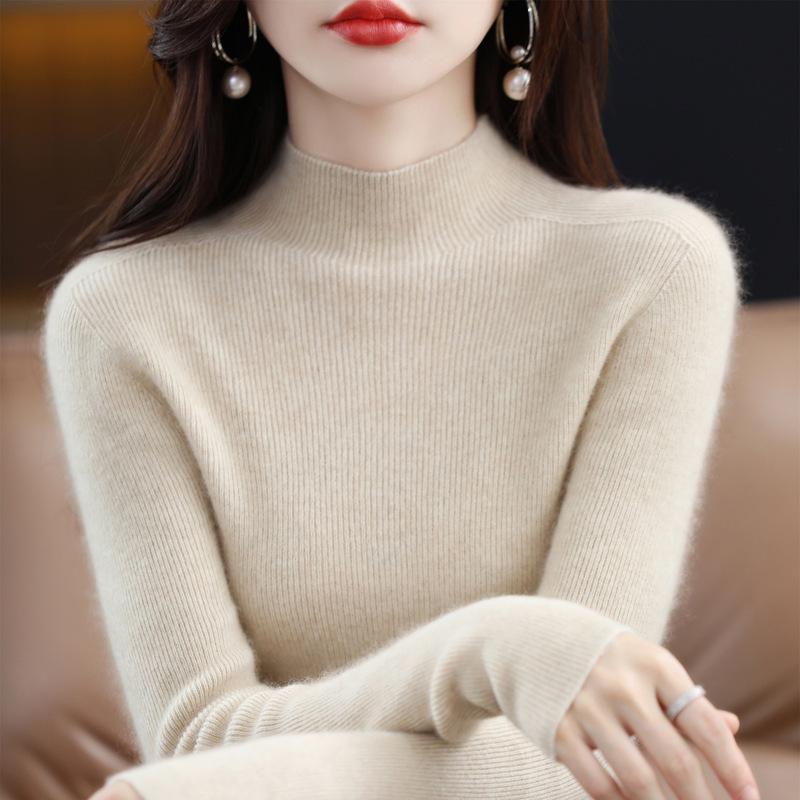 Women's Autumn & Winter Half-High Neck Wool Sweater - Tight-Fitting Australian Wool Pullover Knitwear Base Layer
