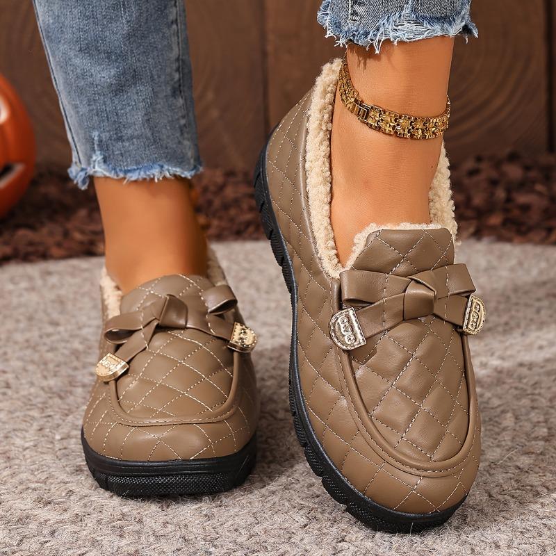 Women's Thermal Winter Faux Cover-like Synthetic Faux Pasley-Toe Loafers - Slip-Resistant PVC Sole Thermal Boots with Golden Buckle