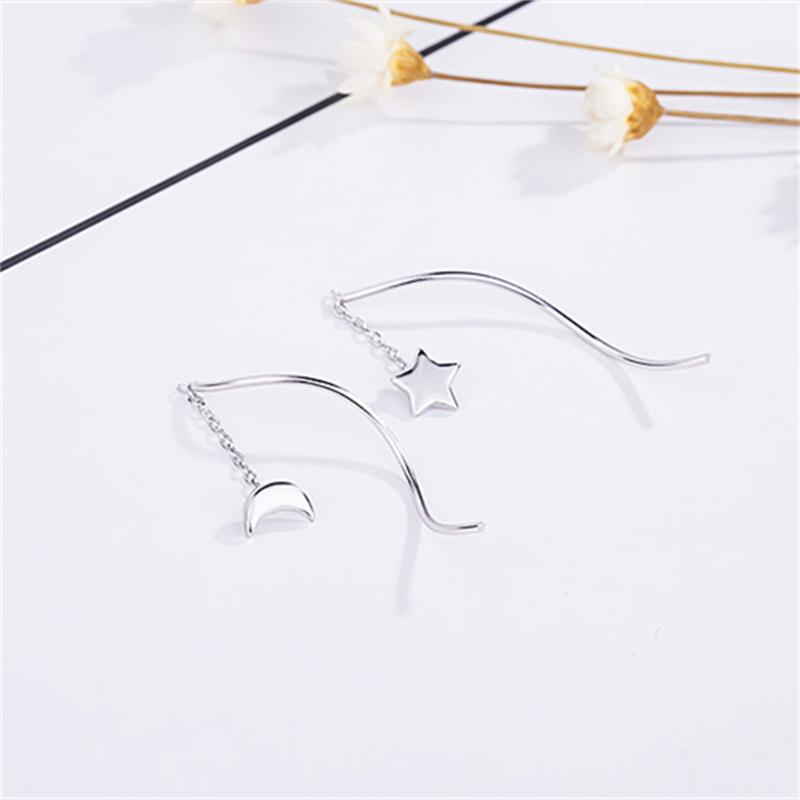 VENTFILLE 925 Sterling Silver Asymmetric Star Moon Earrings Long Tassel Feminine Temperament Korean Simple Jewelry