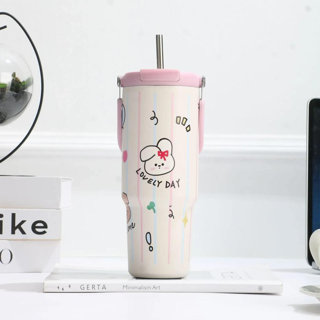 900ML 316 Stainless Steel Cute Insulated Tumbler Coffee Cup For Girls Thermo Bottle Travel Mug Vacuum Flask With Handle Straw