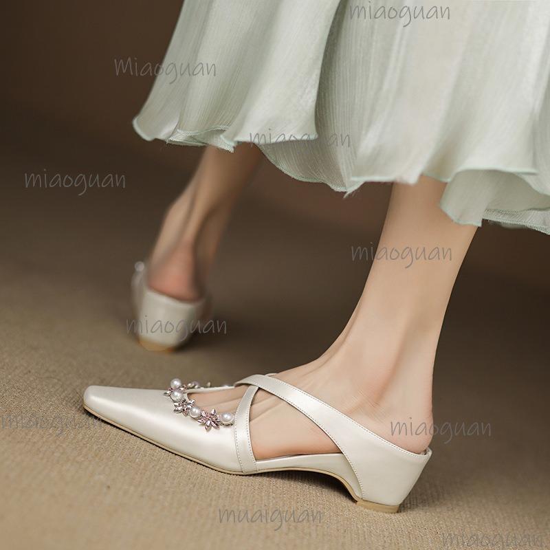 Square Toe Women's Mules Slip On Cross Straps Crystal Decor Slides Heeled Sandals Woman Slingback Luxury Pumps Beige