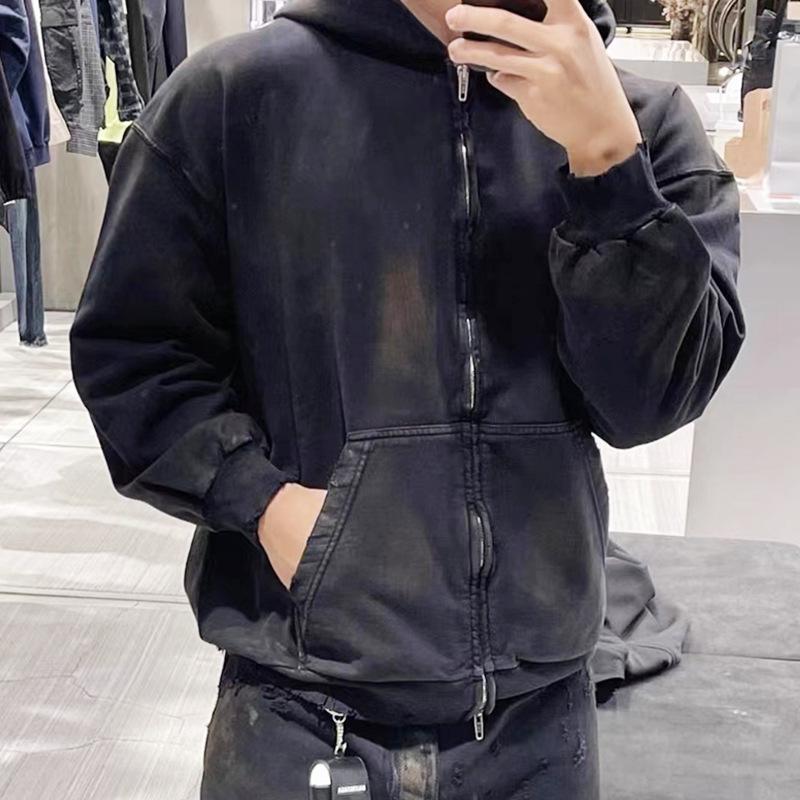 23SS Schwarz Schlammgefärbt Used Reißverschluss Kapuzenpullover Jacke
