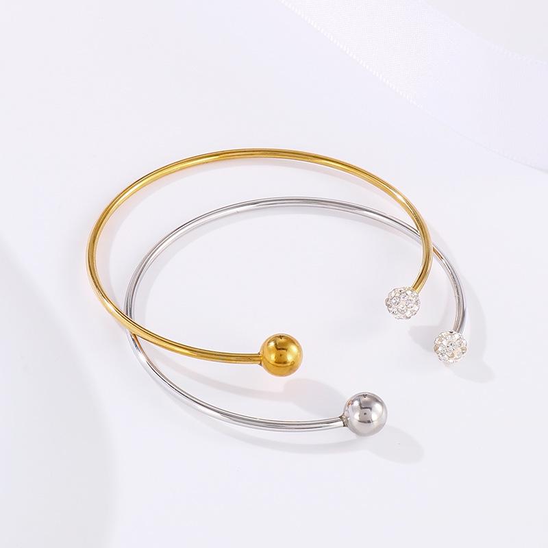 Titanium Steel Openable C-Shaped Bracelet with Diamond Round Beads