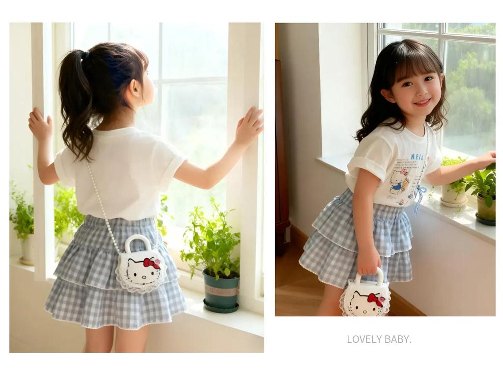 2025 Korean Summer Cute Cat Print Short Sleeve Plaid Skirt Set