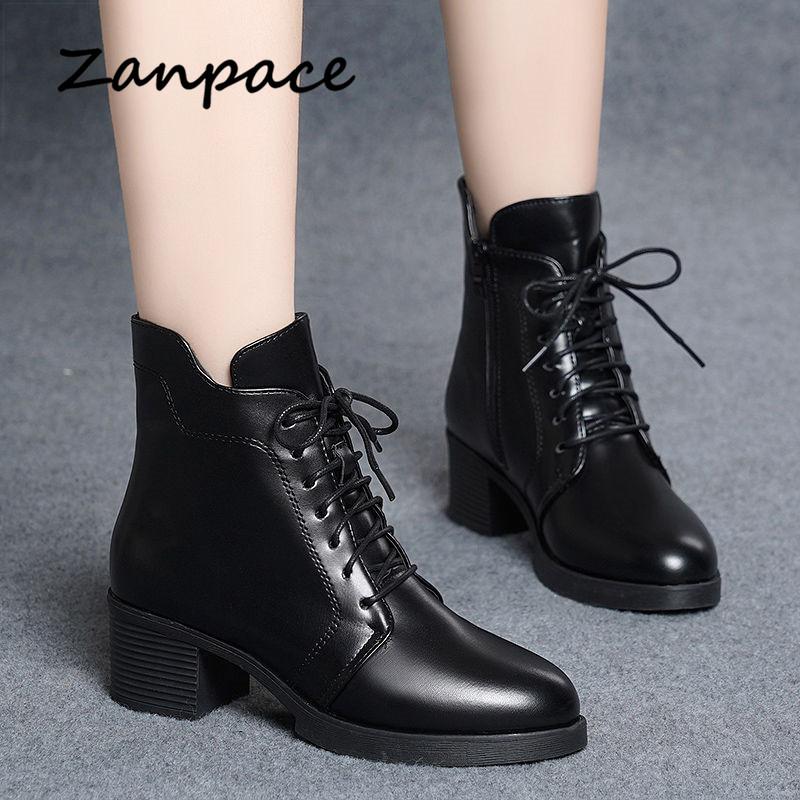 ZANPACE 2024 New Winter Boots Women Lace-Up Keep Warm Fur Women's Autumn Shoes Leather High Heel Pointed Toe Women's Ankle Boots