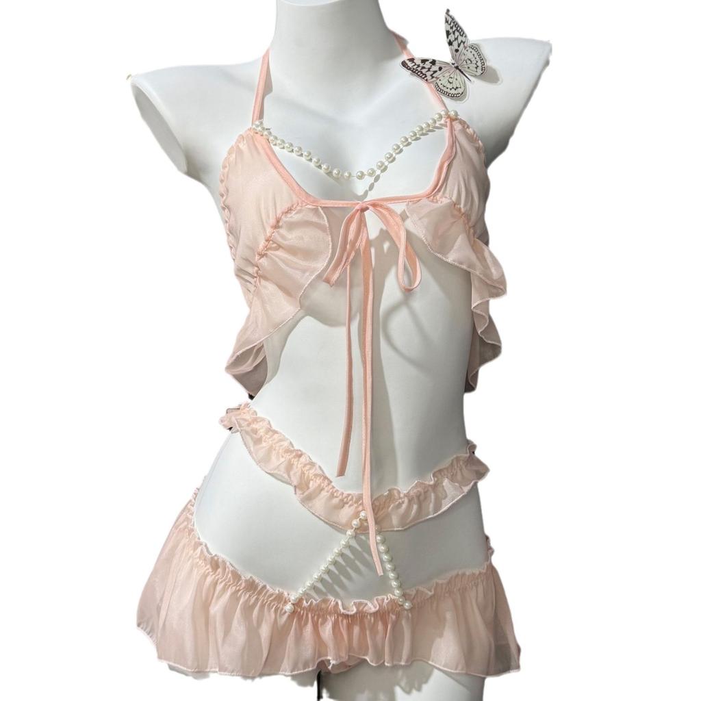Sexy Underwear Sexy Breast Pearl Neck Three-point Lace Uniform Hip Perspective Cute Woman