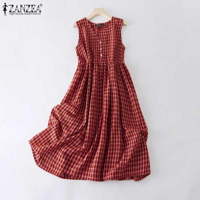 Women V-Neck Summer Casual Sleeveless Grid Print Dress