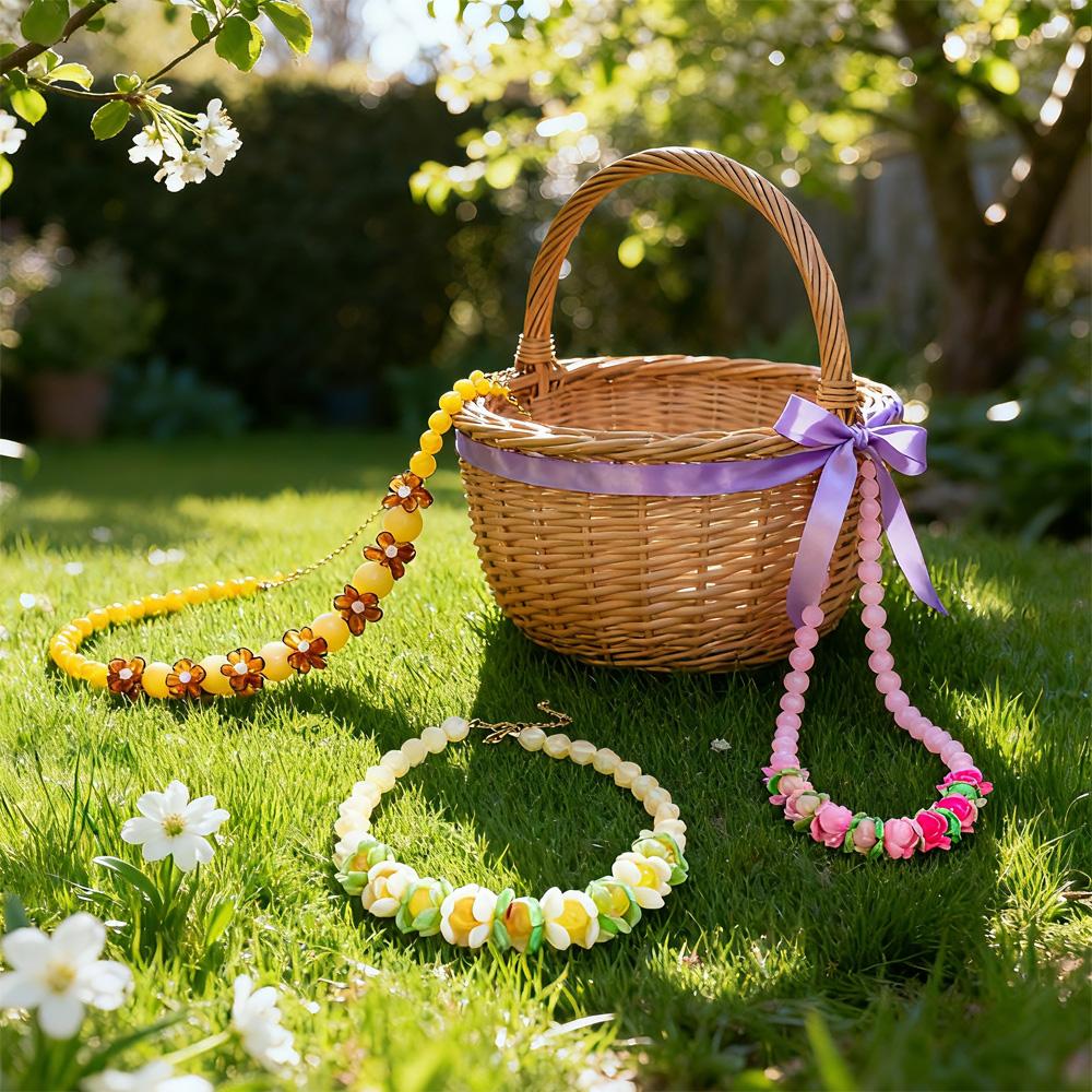 Yhpup New Handmade Jewelry Spring Color Resin Acrylic Flower Round Beads Chain Sweet Necklace Waterproof Fashion Accessories