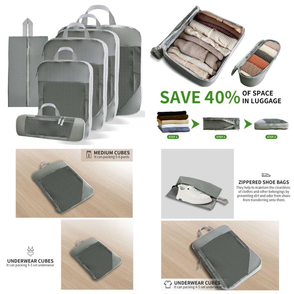 6Pcs Compression Packing Cubes Set for Travel Packing Cubes Compression Compressible Storage Bags for Carry On and Suitcases