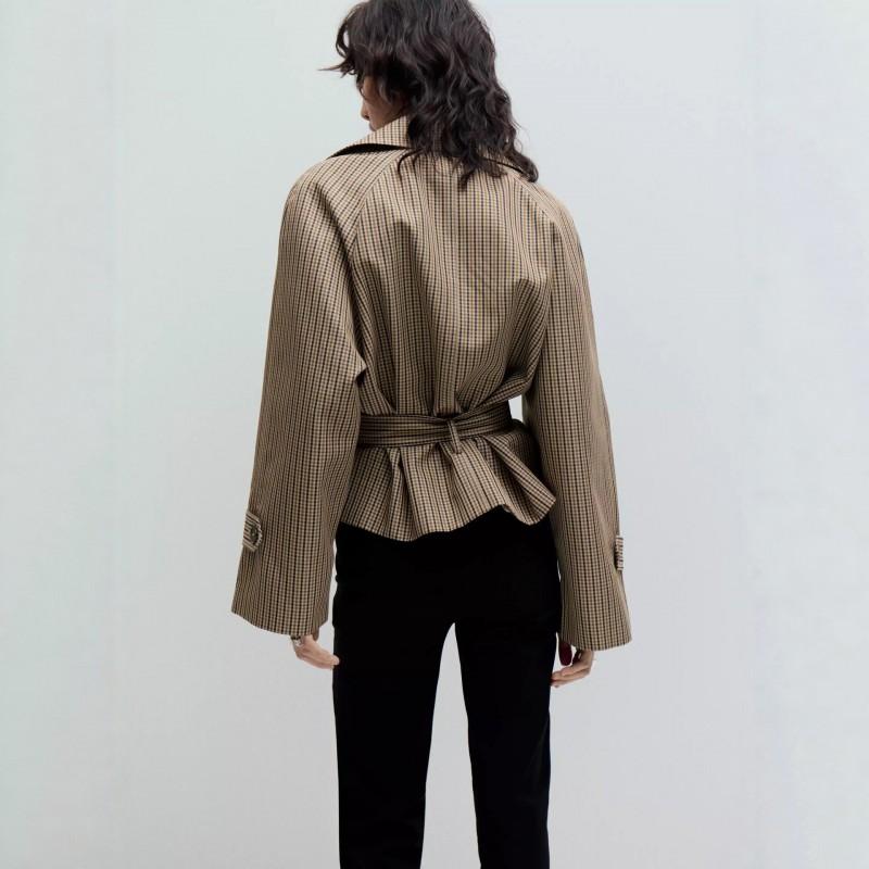 Vintage karierter kurzer Trenchcoat mit Gürtel in der Taille Zweireihige Jacke Damen
