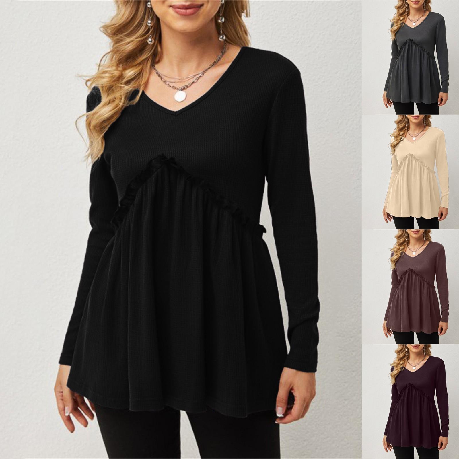 

Fashion Womens Casual Solid Long Sleeve V-Neck Solid Ruffles Blouse Tops