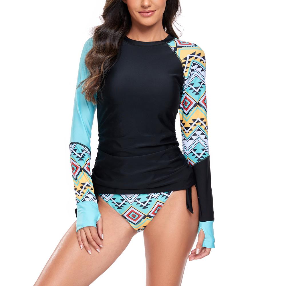 2024 Geometric Pattern Long-Sleeve Triangle Shorts Two-Piece Surf Suit